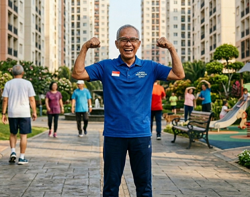 Ilustrasi pria dan wanita usia 50 tahun melakukan peregangan di pagi hari