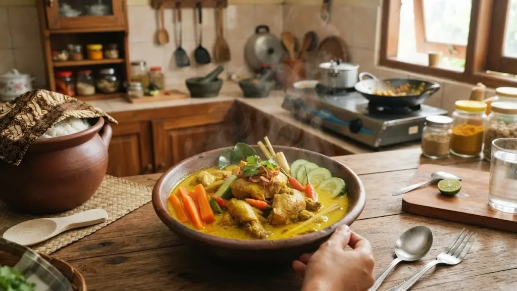 Semangkuk ayam acar kuning tanpa santan dengan wortel, timun, cabai, dan kuah rempah kuning yang disajikan hangat bersama nasi putih.