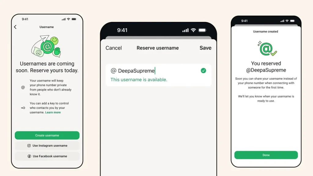 Tampilan fitur username WhatsApp yang memungkinkan pengguna berkomunikasi tanpa membagikan nomor telepon pribadi.